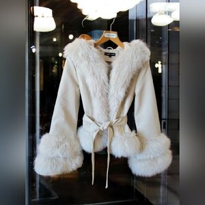CAMEO ROSE Ivory Faux Leather Jacket Faux Fur Trim Hooded Belted Coat NWOT